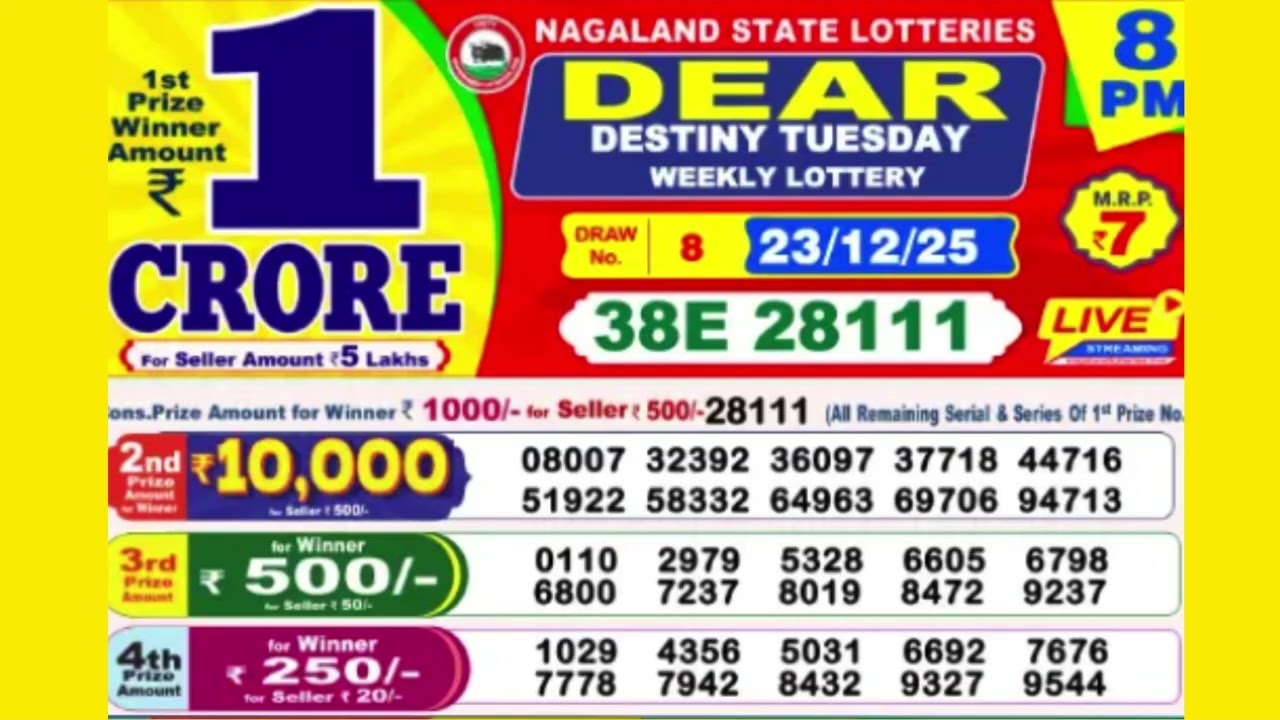 DEAR DESTINY TUESDAY WEEKLY LOTTERY TODAY RESULT 8 PM 23/12/25#latest lottery result