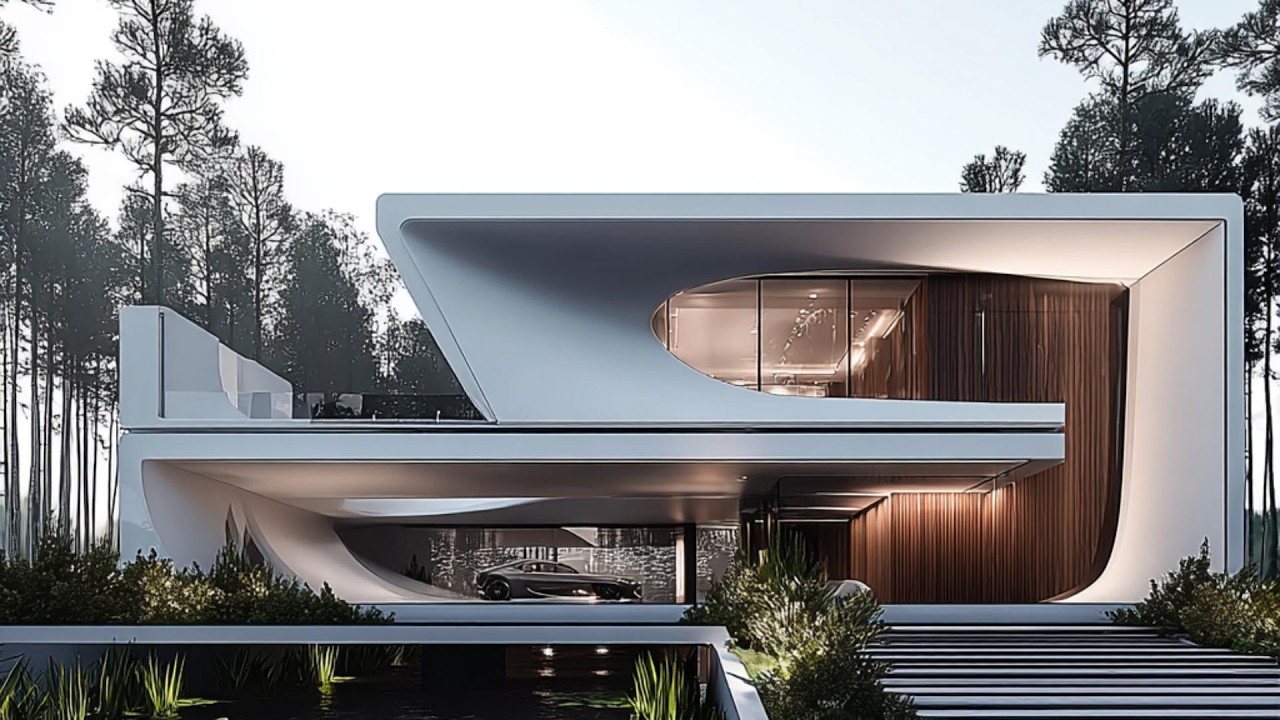 Futuristic modern houseing drawn by AI　Casa moderna futurista diseñada por AI