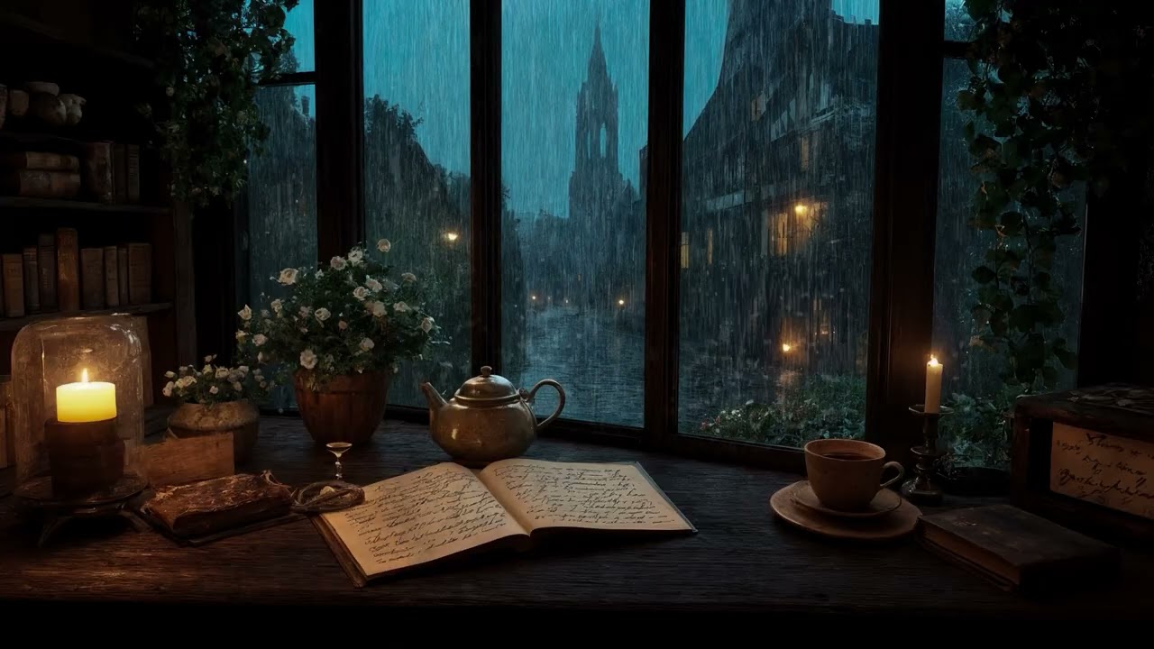 Vintage Study Room with Rain & Candlelight 🌧️🕯️ Focus, Relax & Clear Your Mind