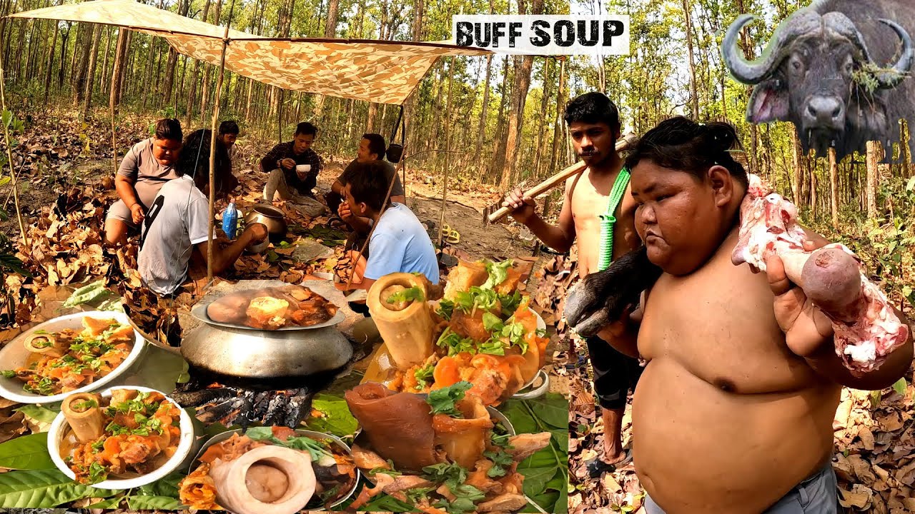 Nepali Style Buff Bone Marrow MUKBANG !Buffalo Leg Soup Cooking & Eating in Jungle !Bhaise ko Khutta
