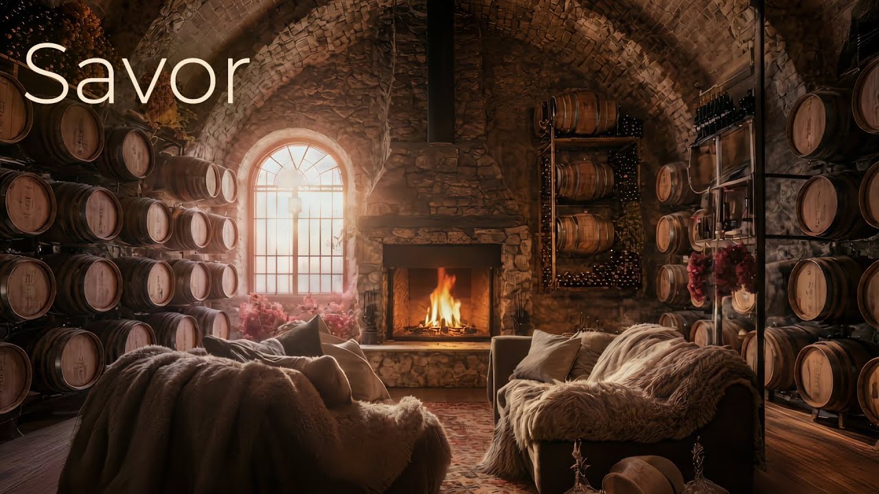 SAVOR 🍷🔥 Morning Cozy Wine Cellar Cabin Ambience (Relaxing Music + Fire Crackling) (2 Hours)
