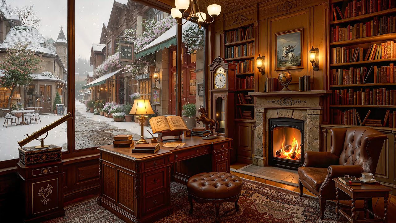 Soft Chamber Jazz in a Cozy Wooden Library – Warm Winter Jazz with Fireplace and Snowy Village Calm