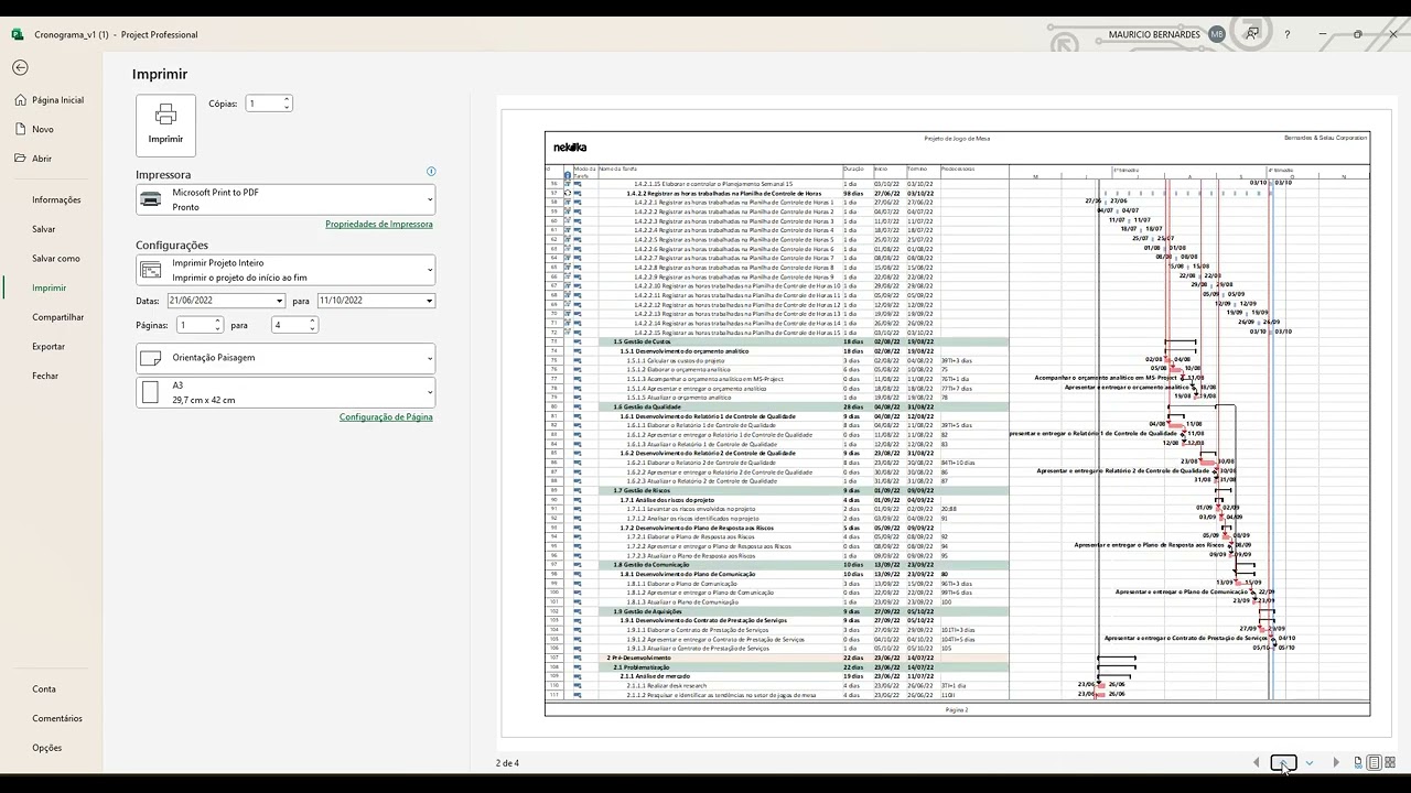 Impressão no MS Project