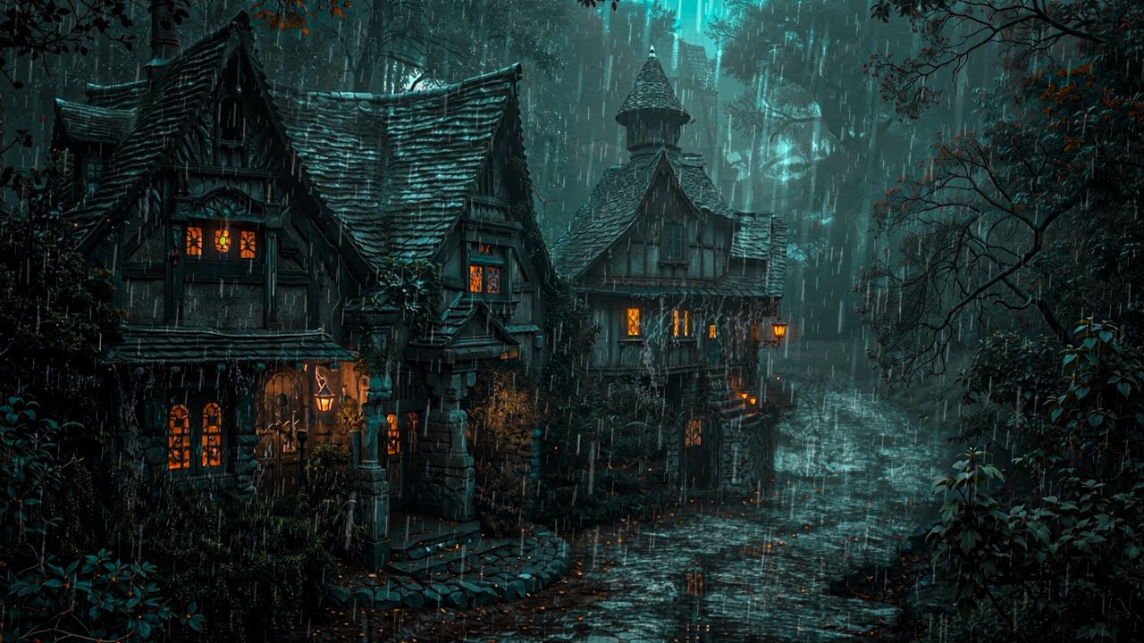 Cozy Dark Cottagecore Ambience | Warm Amber Windows in the Deep Forest Storm | Dark Academia Vibes