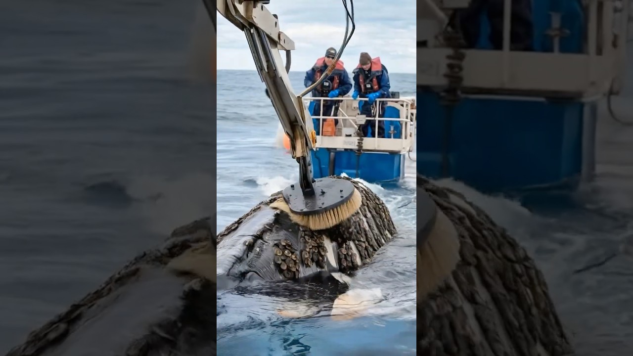 Machine cleaning a humpback whale of barnacles #whale #barnacles #sealife