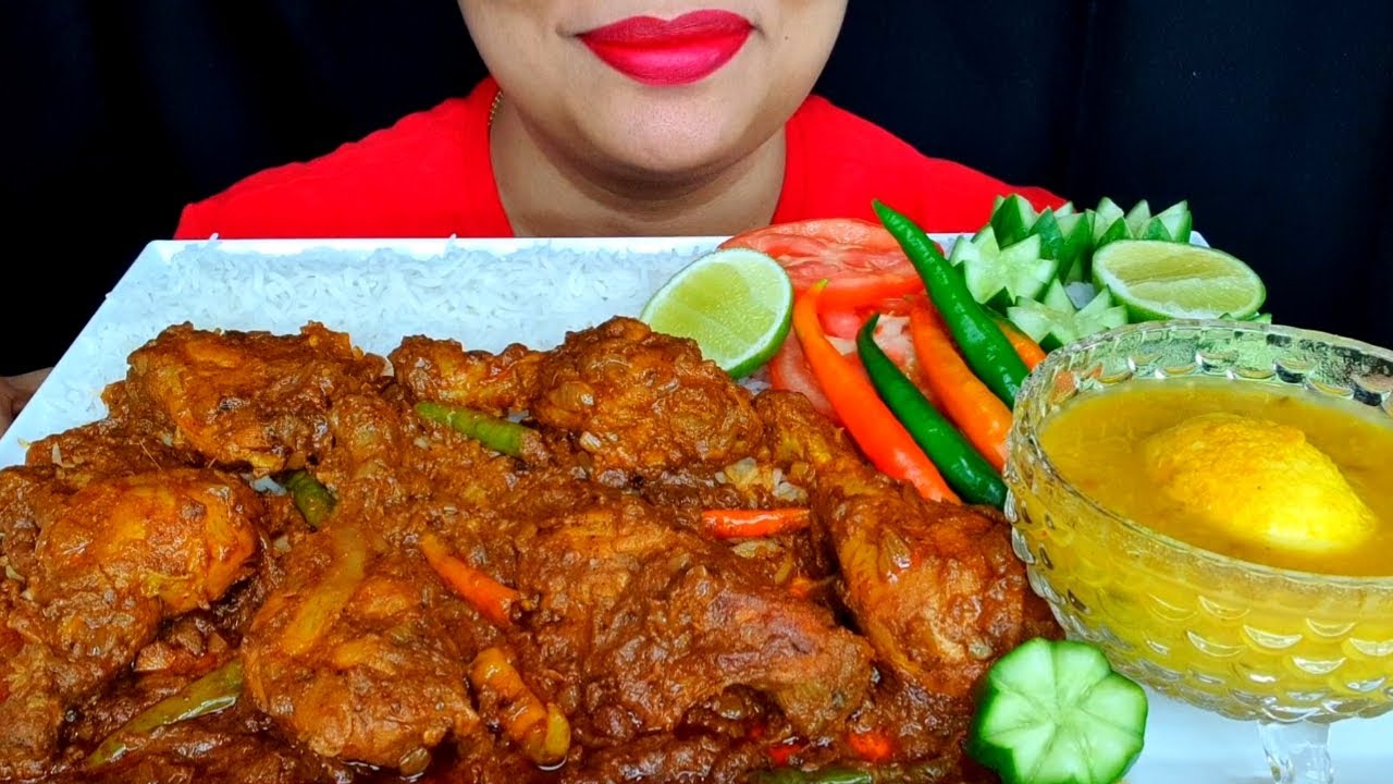 ASMR:SPICY CHICKEN DOPIAZA,EGG WITH DAL,RICE, CHILLI, LEMON,CUCUMBER,TOMATO ||ZAKIA-SPICY ASMR