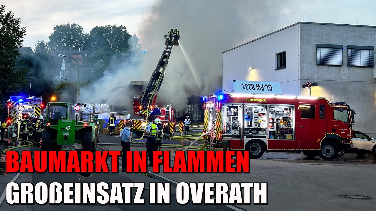 Großbrand in Overath: Baumarkt-Anlieferung in Flammen, Gasflaschen explodieren | 10.07.2023