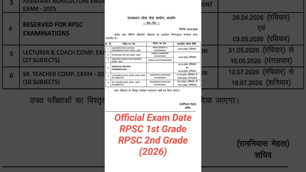 RPSC Grade 1st & 2nd Official Exam Date (2026) #rpsc #exam