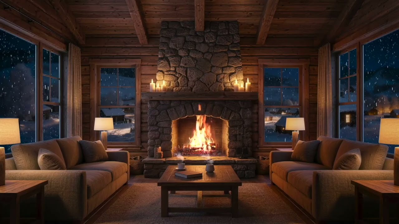 Crackling Fireplace, Rain & Wind, Quiet Winter Cabin | 8 Hours Night Sounds (No Music)
