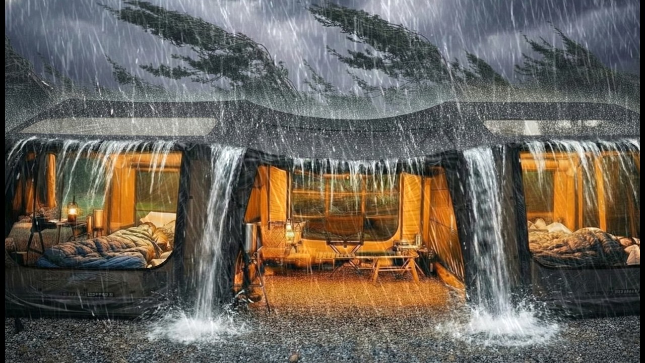 Кемпинг под проливным дождем и молниями // Установка теплой надувной палатки под проливным дождем