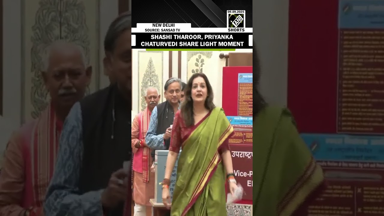 Shashi Tharoor, Priyanka Chaturvedi share light moment at Parliament House | VP election 2025