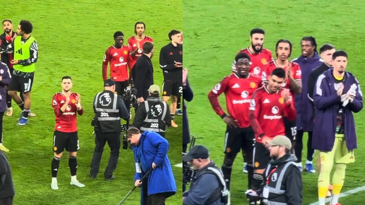 Manchester United players celebrating full with their days at Hill Dickinson Stadium