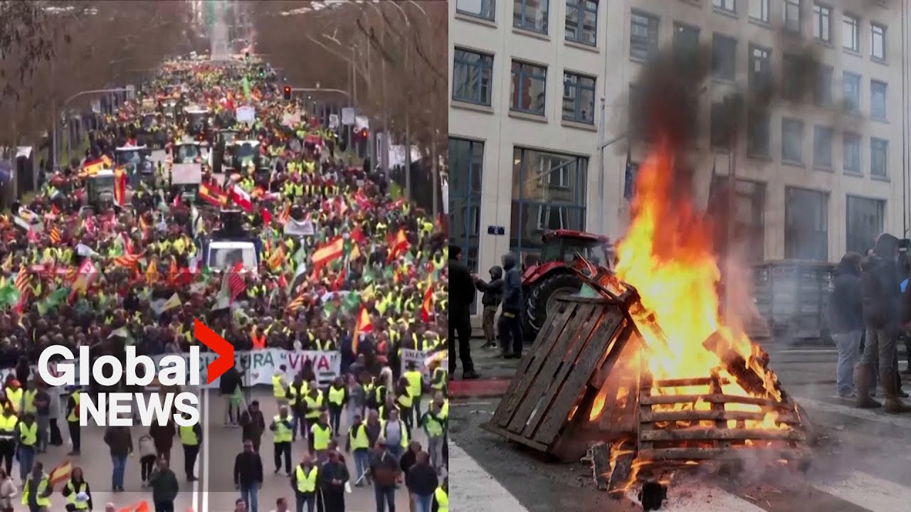 European farmers burn tires, protest at EU ministers meeting: 