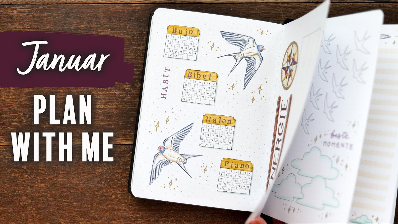 JANUAR 2024 im Bullet Journal - Kompass & Schwalben im Vintage Look