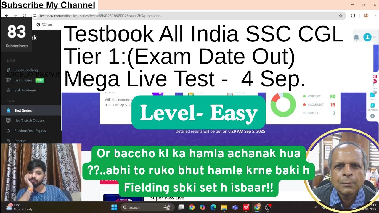 Testbook All India SSC CGL Tier 1:(Exam Date Out) Mega Live Test - 04 Sep..Day 16/100th. #ssc #maths