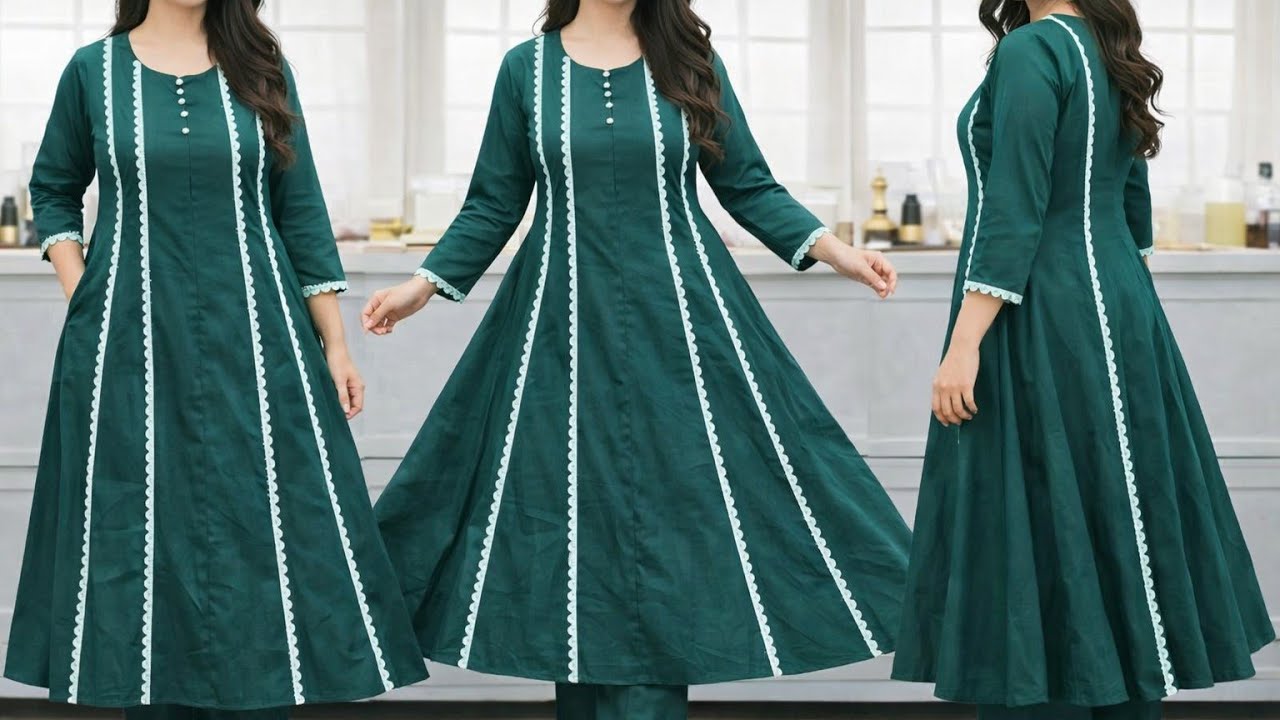 Anarkali Dress Cutting / 10 Pannel Kurti Cutting And stitching / Front Laces Kurti Cutting 