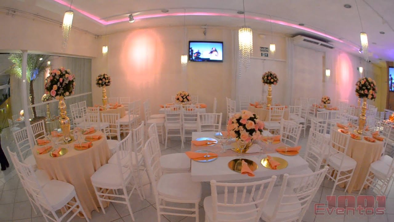 Decoração Daniele e Douglas rosa, marrom e dourado, no salão de festas 1001 Eventos em São Gonçalo