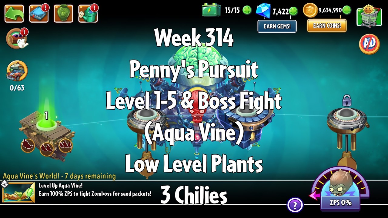 PvZ2 Penny's Pursuit Week 314 (Aqua Vine) - Level 1-5 & Boss Fight - 3 Chilies