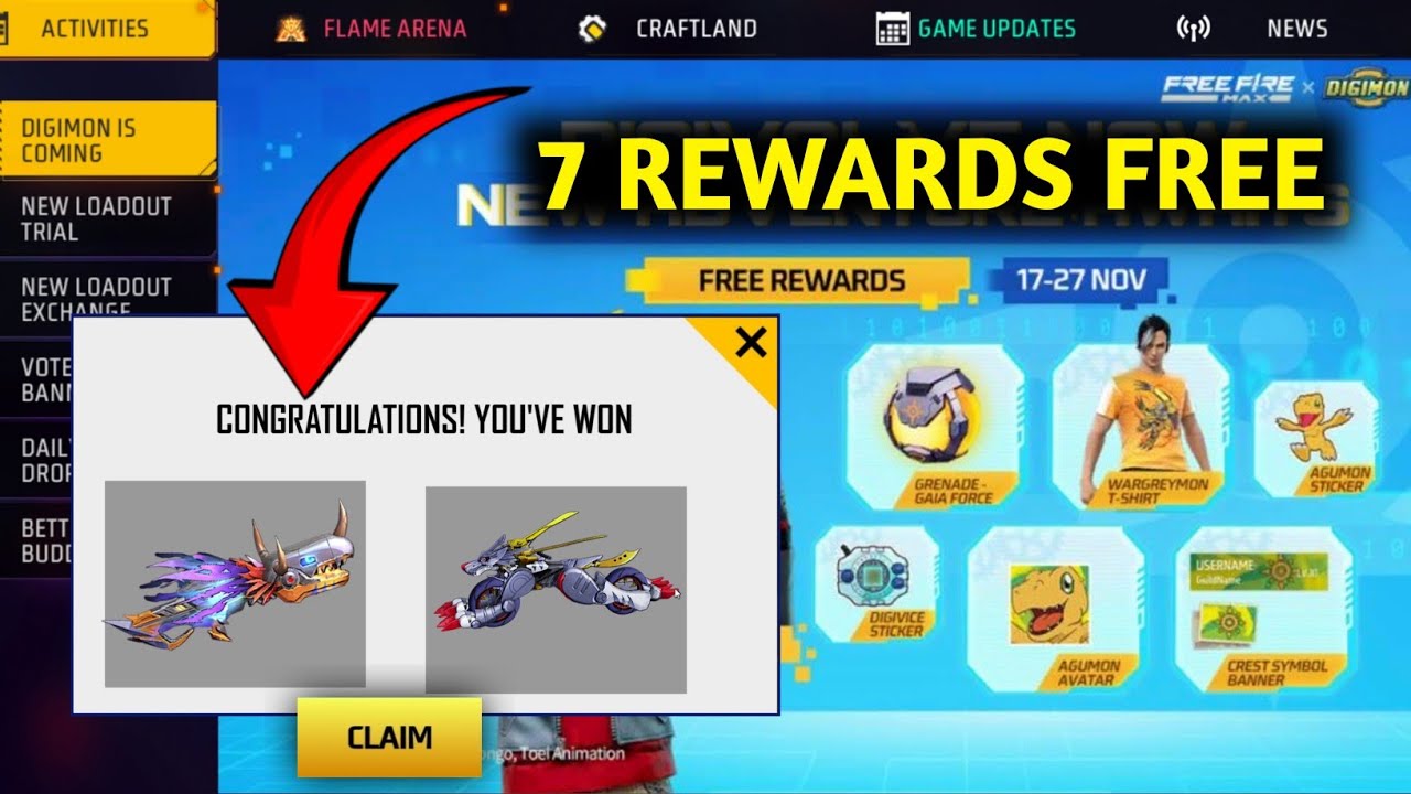 Get 7 Rewards Free 😍 | free fire &times; Digimon Event|