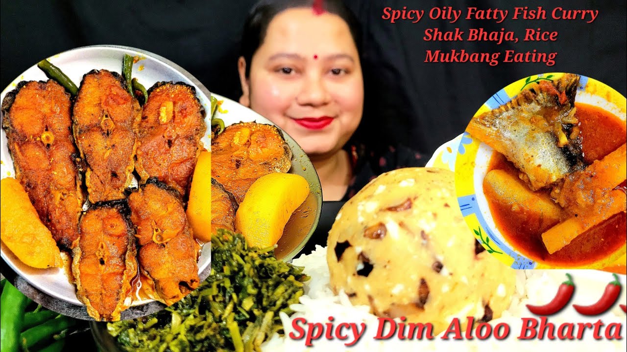 Eating Show-Rice With Shak Bhaja, Ghee,Dim Aloo Bharta,Spicy Oily Fatty Fish Curry|Bigbites|Mukbang🔥