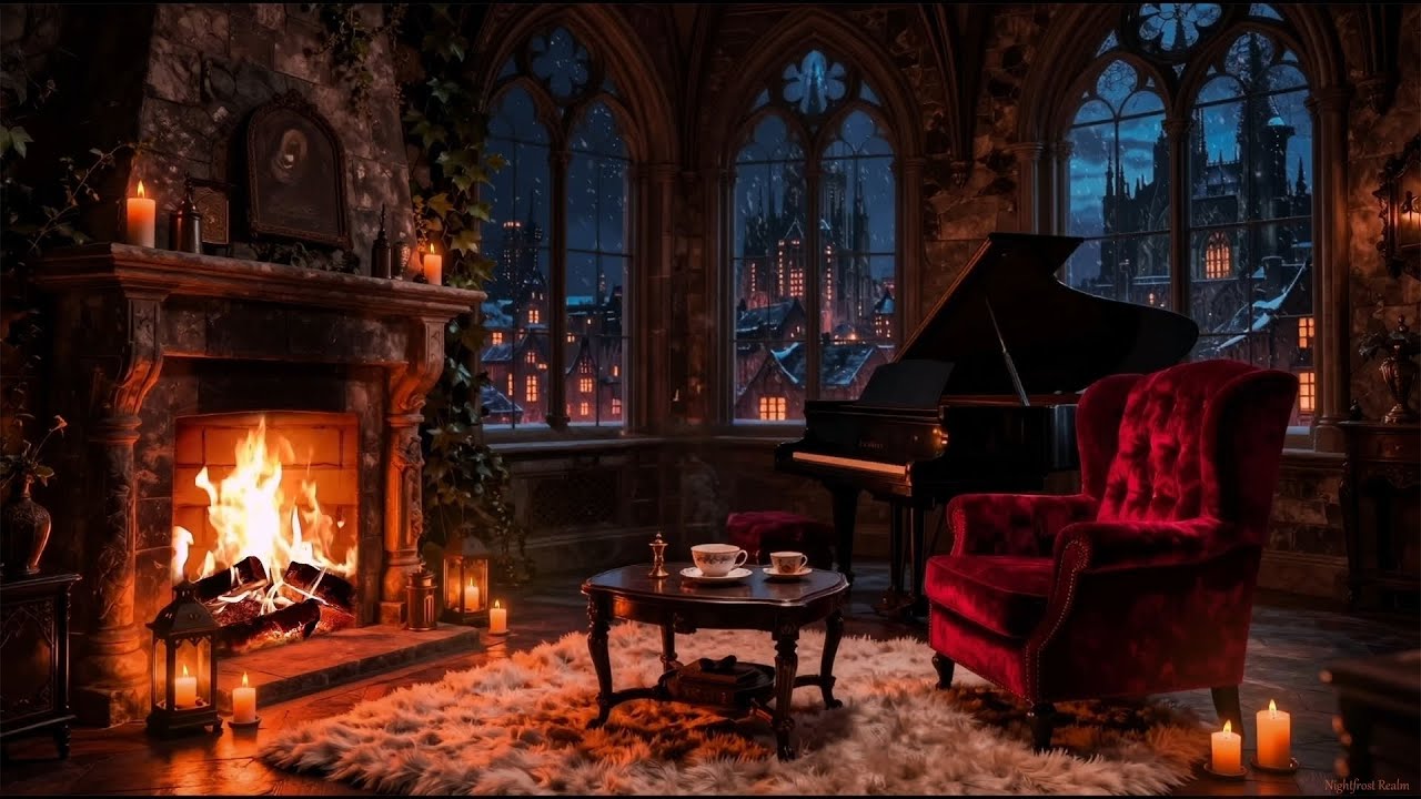 Cozy Fireplace & Snowfall❄️ | Old Castle Piano Room | 8 HOURS Ambience | No Music