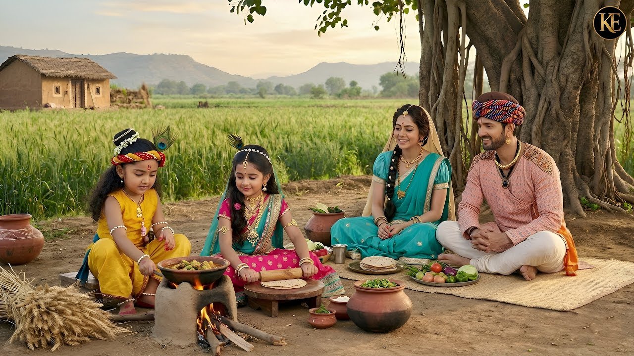 नन्हे कन्हा-राधा बना रहे हैं भोजन, मैया यशोदा और नंद बाबा स्नेह से देख रहे हैं || YMKN ||