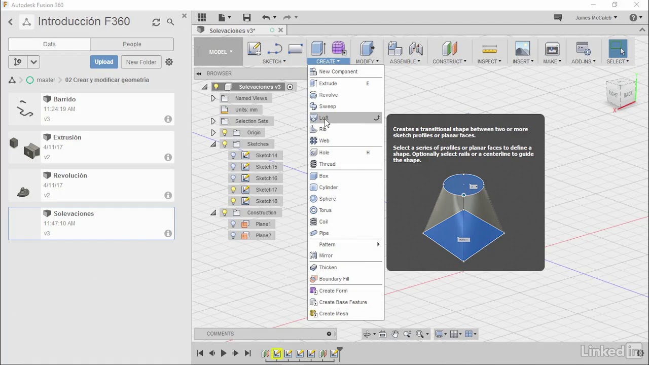 Curso de Fusion 360 (17/32) - Loft para Crear Geometr&iacute;a entre Puntos o Perfiles