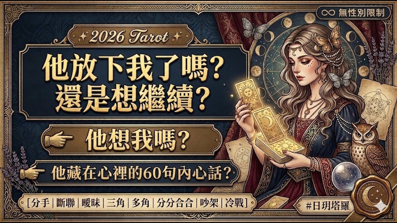 塔羅占卜 2026 Tarot ✨他放下我了嗎? 還是想繼續? 👉他想我嗎?👉他藏在心裡的60句內心話? 字卡(分手/斷聯/曖昧/三角/多角/分分合合/吵架/冷戰) ⏲無性別&無時間限制 #日玥塔羅