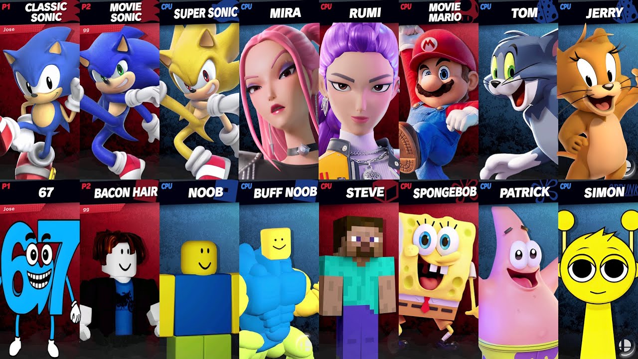 Sonic vs Tom vs 67 vs Mario vs KPop Demon Hunters vs Roblox vs Minecraft | Super Smash Bros Ultimate