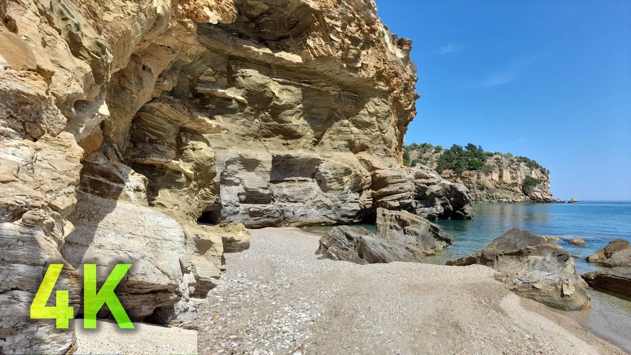4K Gentle Sea Sounds 🌊 Livadi Beach Thassos Greece | Rocky & Sandy Coast for Relaxation & Sleep