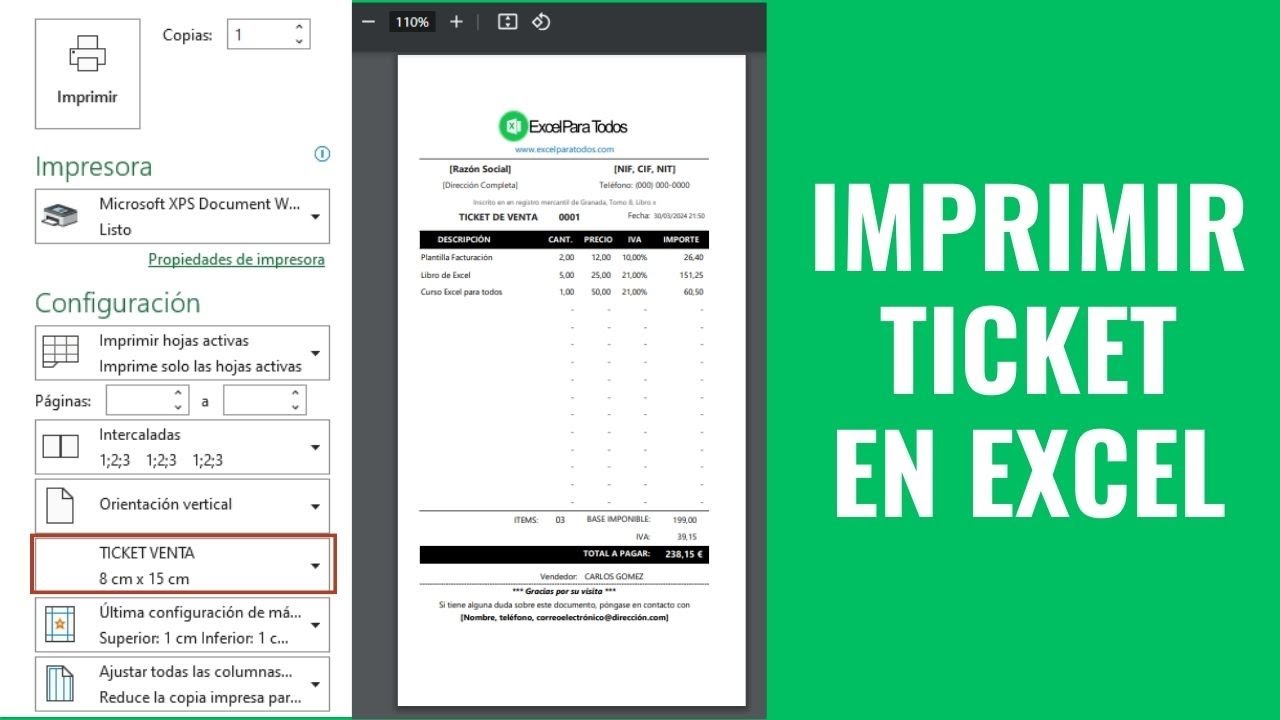 Configuración para Imprimir ticket en Excel 🛒 (8x15 cm)