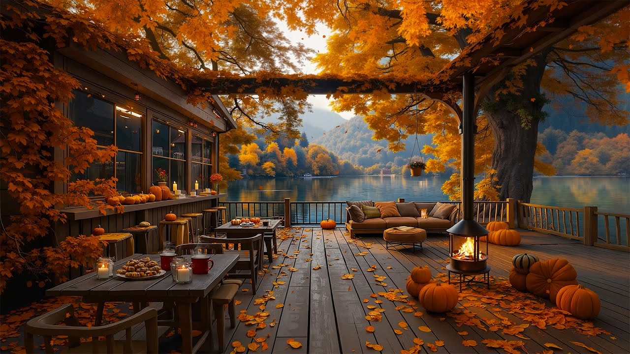 Calm Autumn Jazz 🍂 Cozy Lakeside Caf&eacute; Porch with Fireplace & Pumpkin Ambience for Relaxation, Study☕