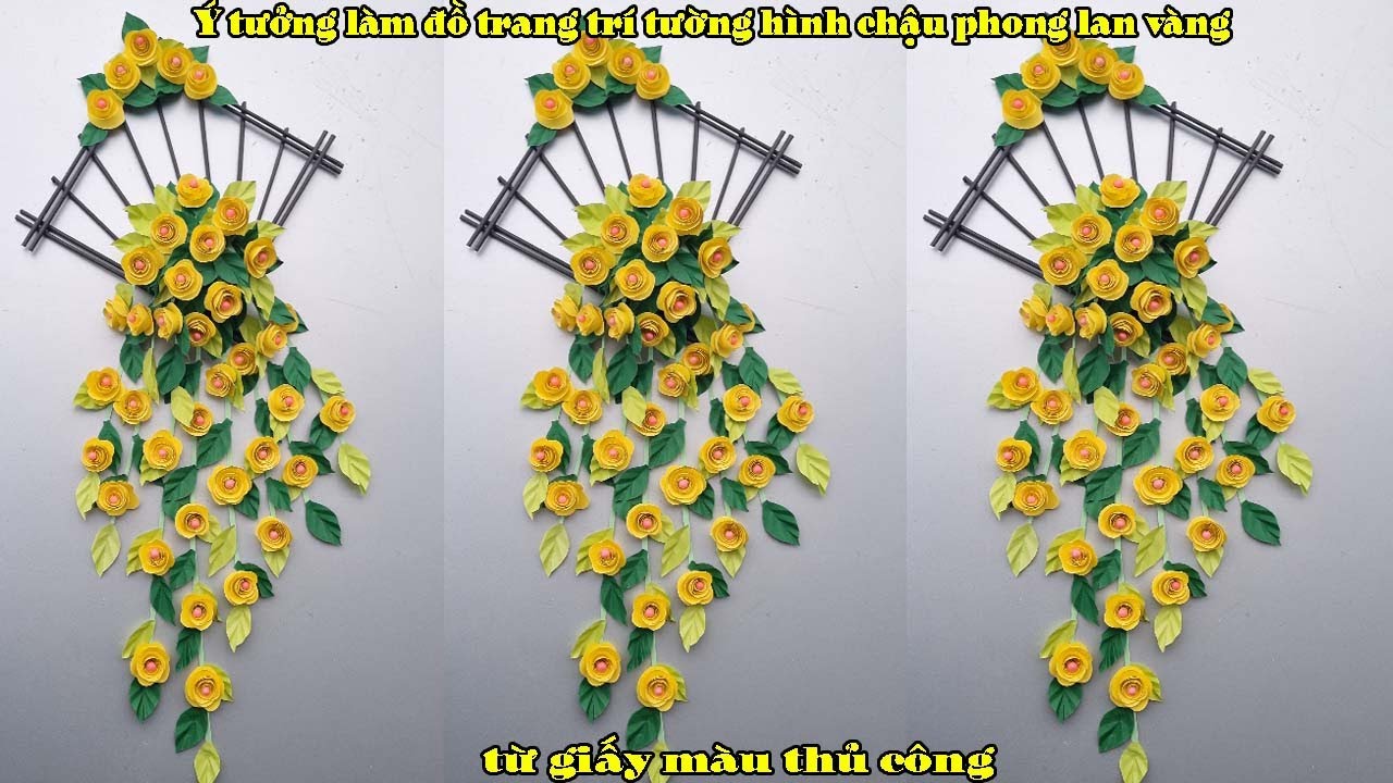 Ý tưởng làm đồ trang trí tường  hình chậu phong lan vàng từ giấy màu thủ công - Duy Truong Decor