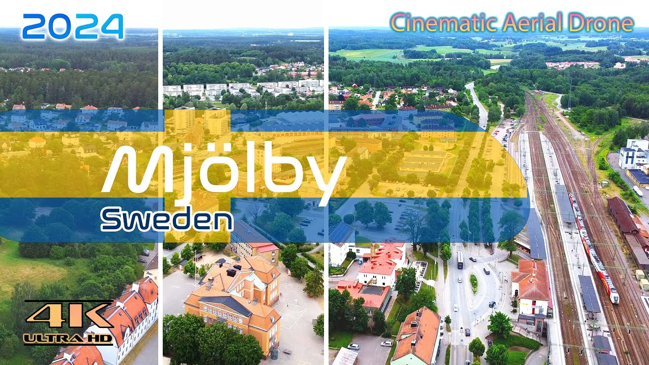 Mj&ouml;lby From Above - Mj&ouml;lby Station - Kyrka - Sweden - 4K Aerial - June 2024