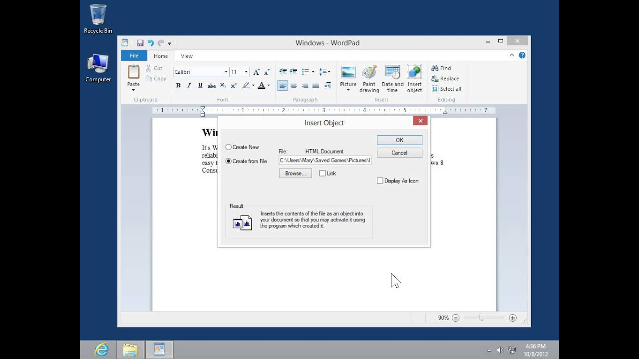 Windows 8.0 Professional - Create Linked Objects in WordPad
