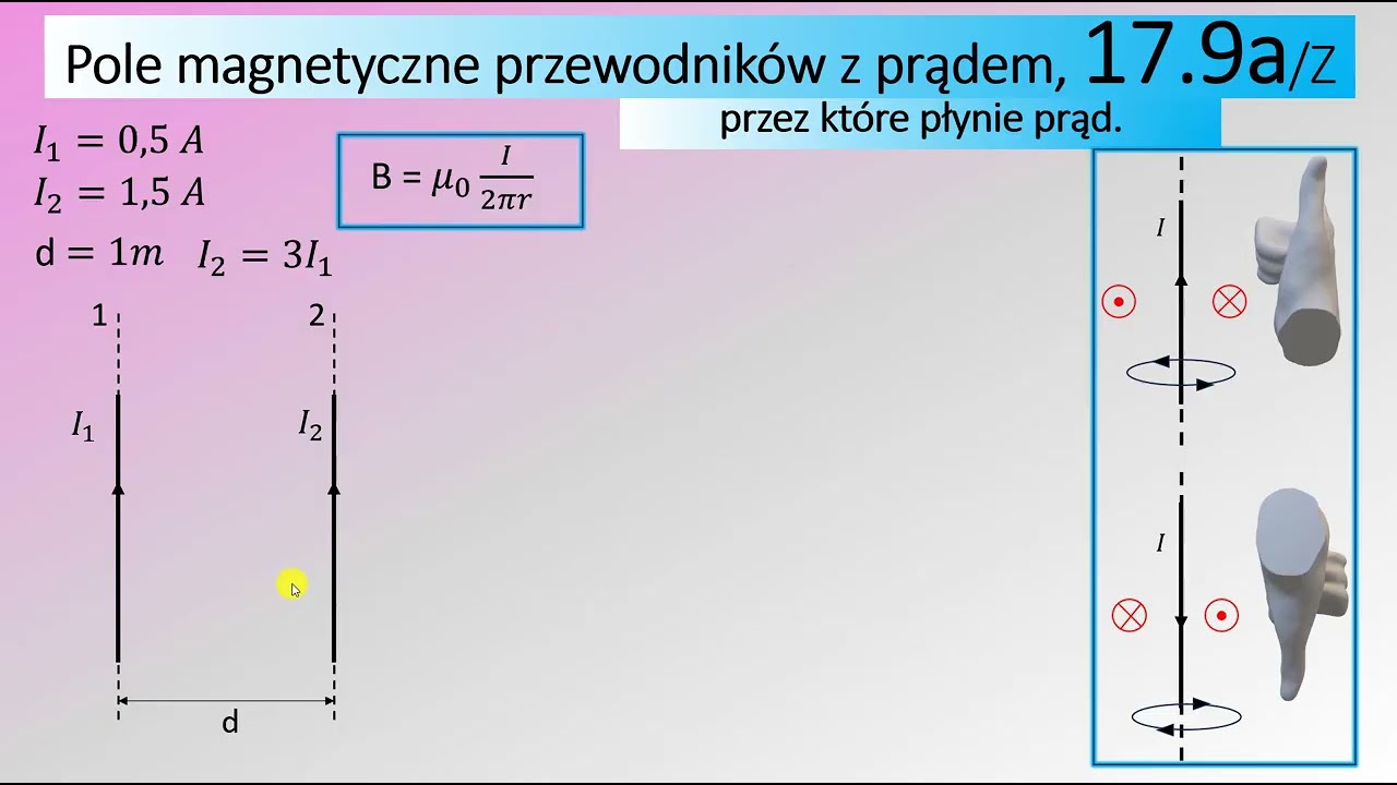 17.9 Przez dwa bardzo długie wzajemnie równoległe przewodniki płyną prądy o natężeniach I1 = 0,5 A