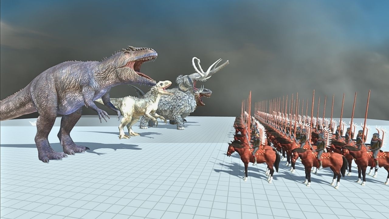 Dinossaur Rain Battle Indominus Rex & Giganotosaurus vs Knight Army - Animal Revolt Battle Simulator