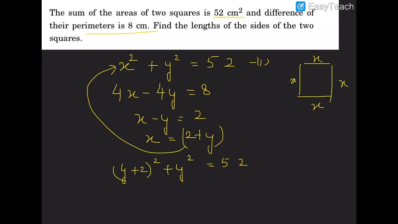 The sum of the areas of two squares is 52 cm2 and difference of their perimeters is 8 cm.