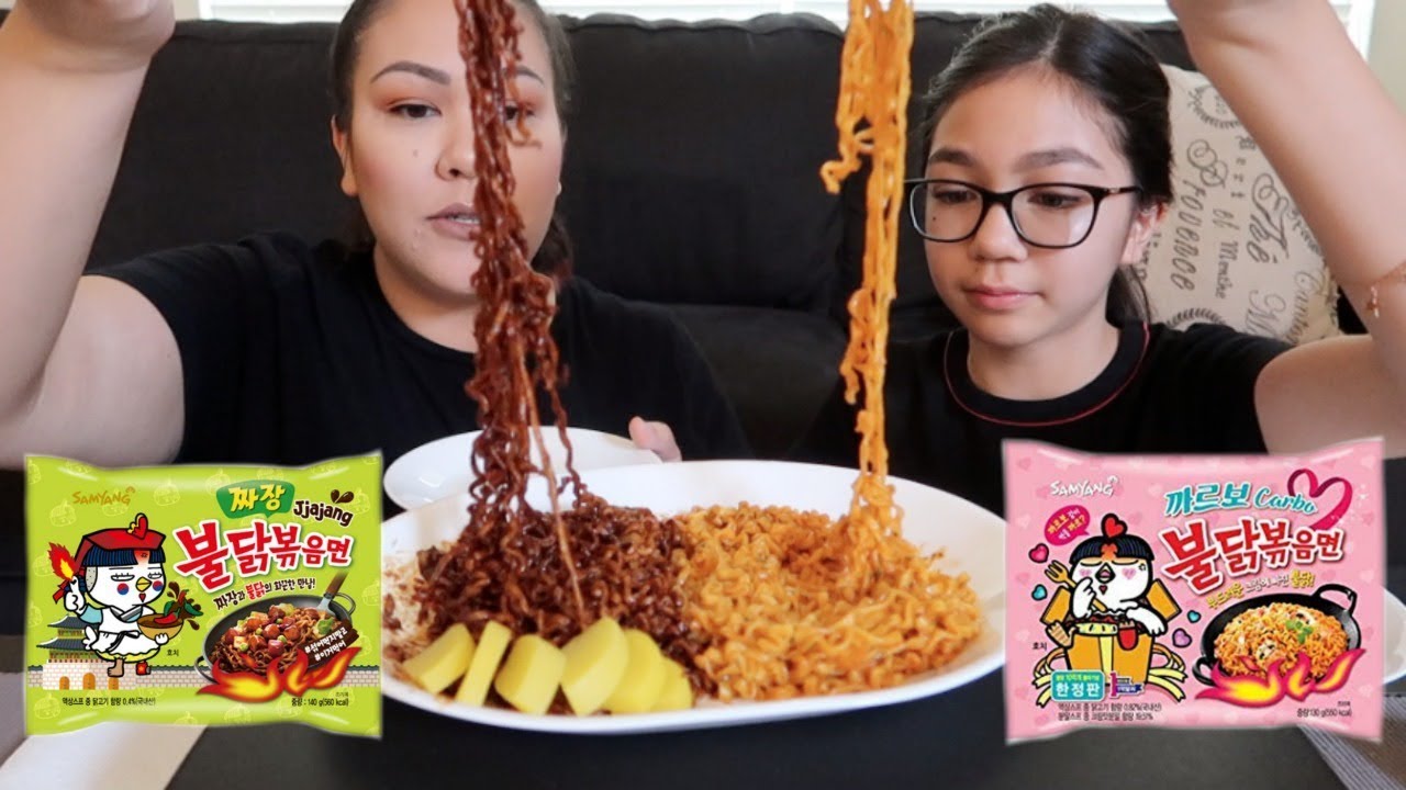 SPICY CARBONARA & SPICY BLACK BEAN NOODLES MUKBANG (EATING SHOW)