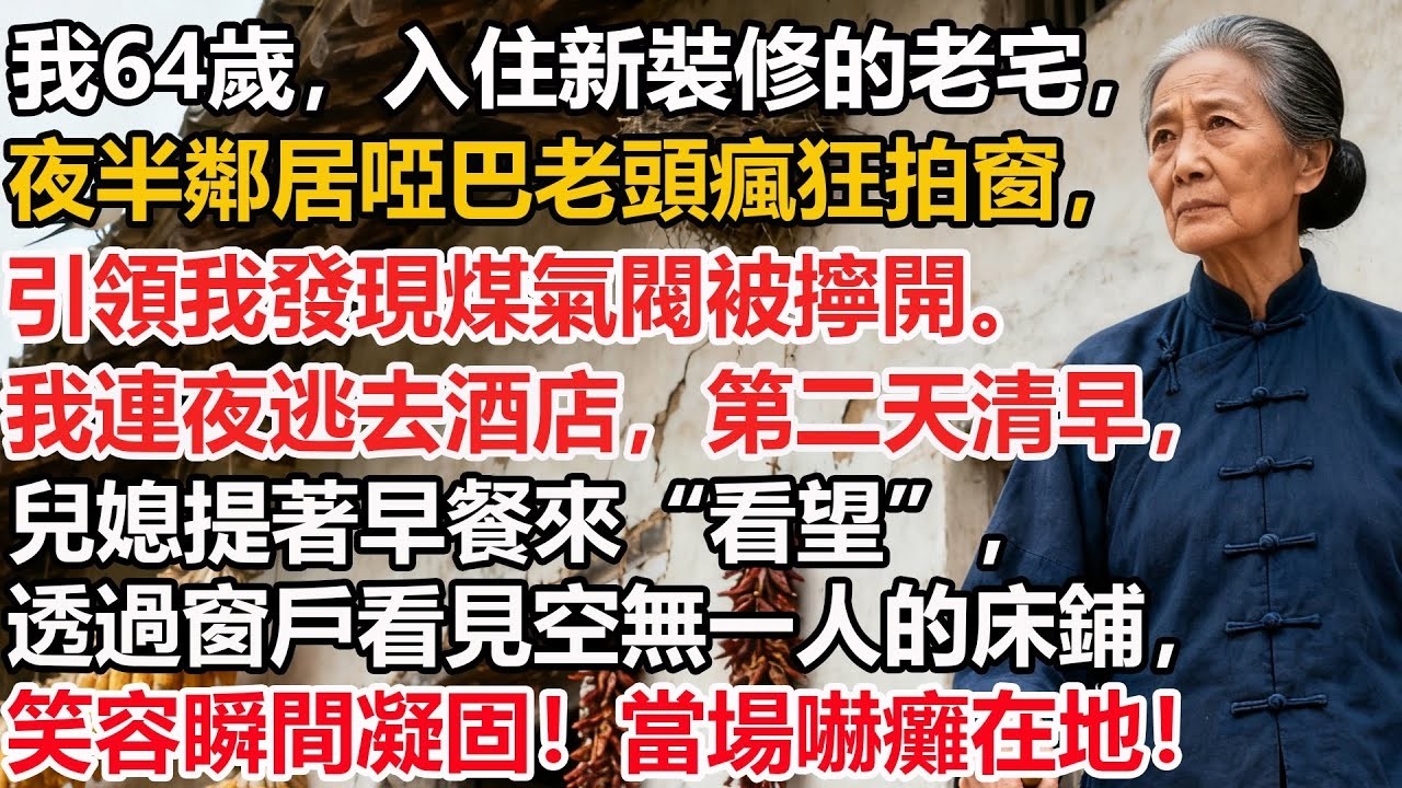 【我64歲】入住新裝修的老宅，夜半鄰居啞巴老頭瘋狂拍窗，引領我發現煤氣閥被擰開。我連夜逃去酒店，第二天清早，兒媳提著早餐來“看望”，透過窗戶看見空無一人的床鋪，笑容瞬間凝固！當場嚇癱在地！