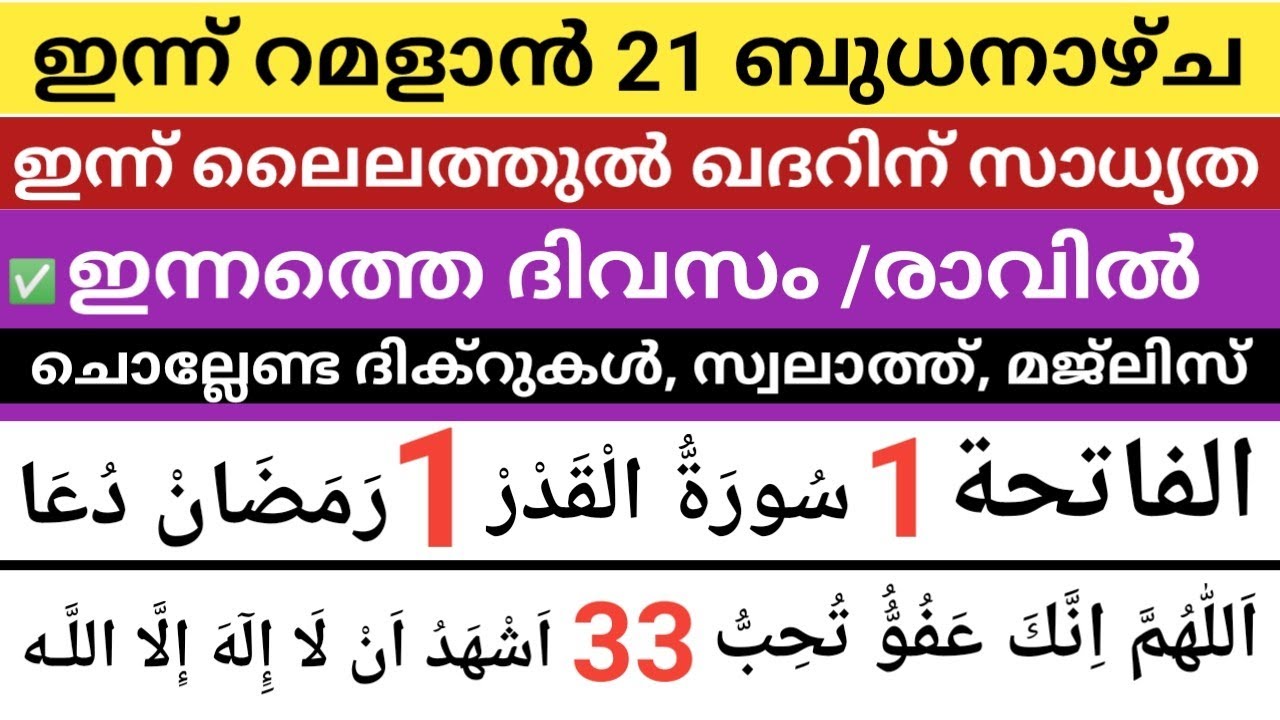 ഇന്ന് റമളാൻ 21 ബുധനാഴ്ച ഇന്നത്തെ പകലിലും രാവിലും ചൊല്ലേണ്ട പ്രധാനപ്പെട്ട ദിക്റുകൾ സ്വലാത്തുകൾ ദുആ 