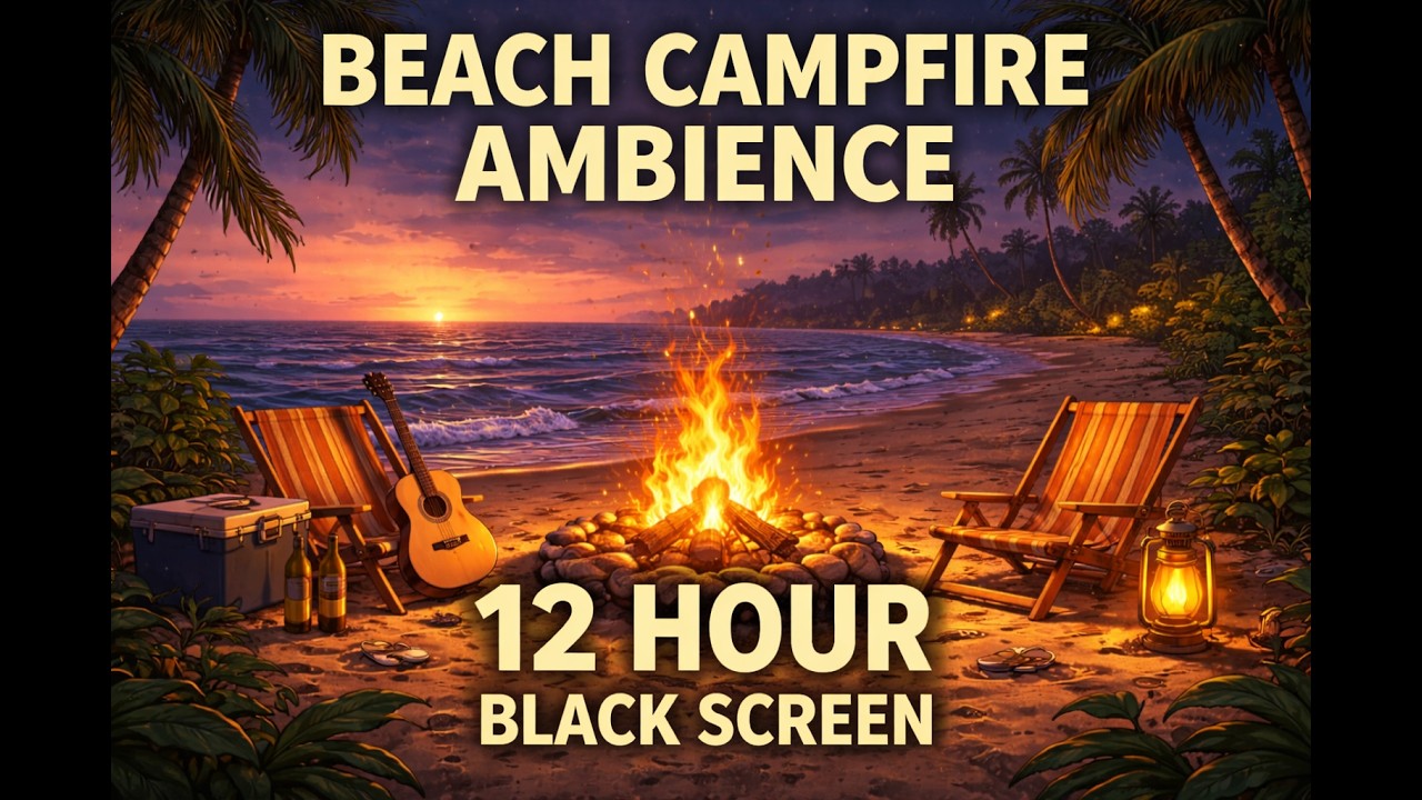 12 Hour Beach Campfire Ambience 🔥 Gentle Sea Waves 🌊| Black Screen Sleep Sounds 💤