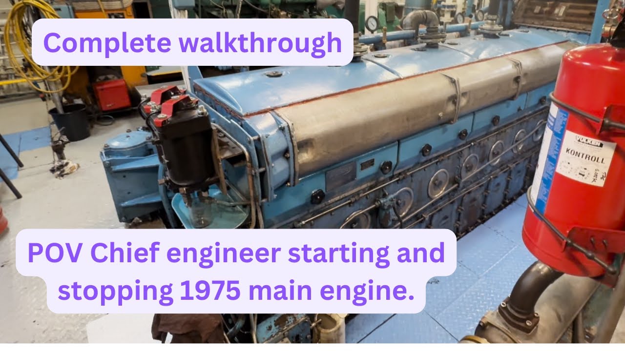 POV Chief engineer starting and stopping 1975 main engine and other machinery. Car ferry.