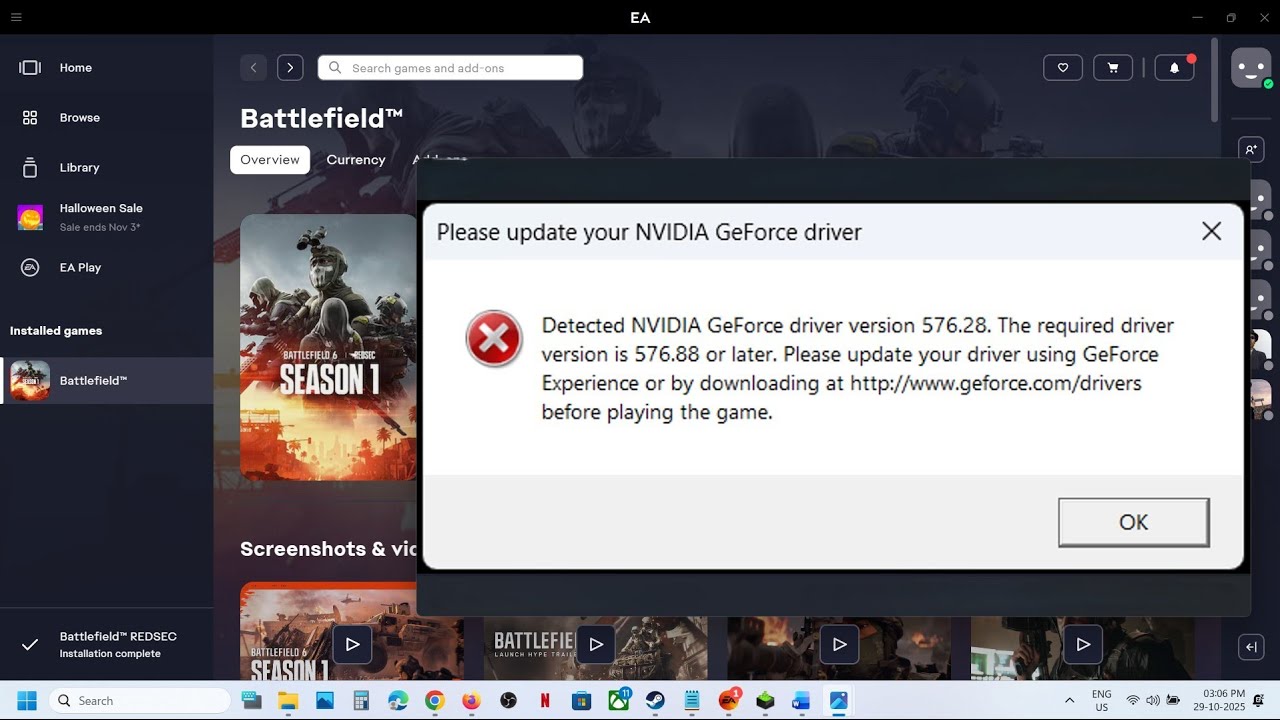 Исправьте ошибку Battlefield REDSEC. Обновите драйвер NVIDIA GeForce. Требуемая версия &mdash; 576.88.
