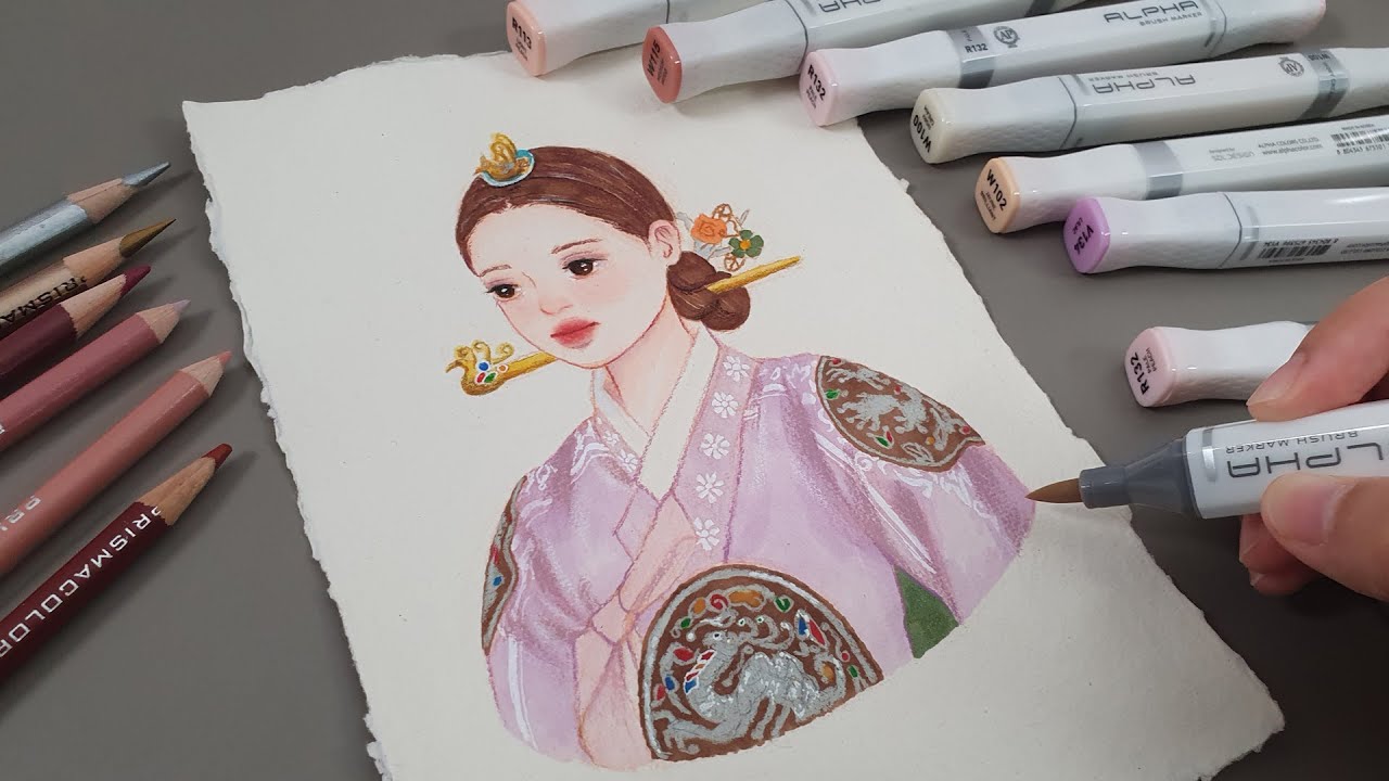 마카펜으로 한복입은 여인 그리기/Drawing a woman dressed in traditional Korean clothes with a marker