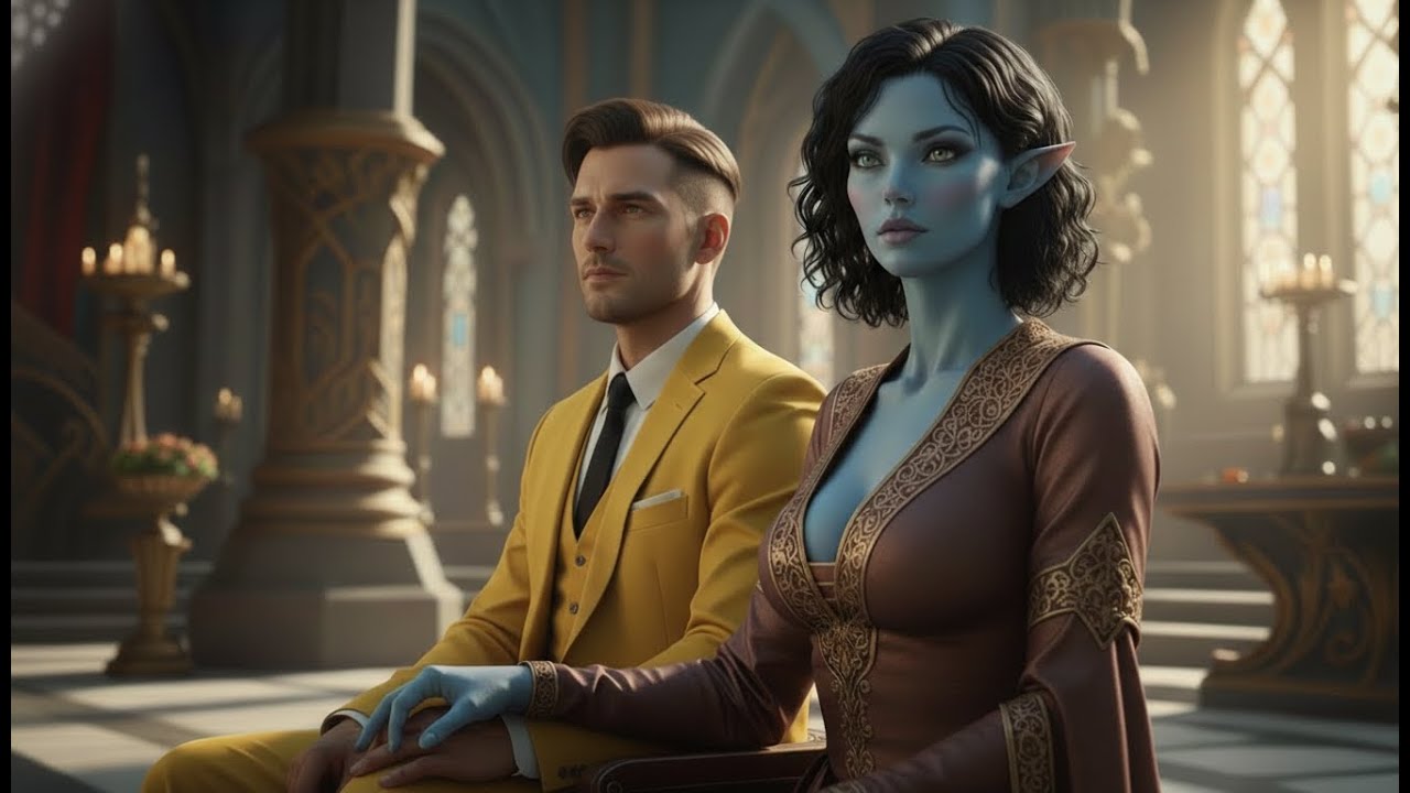 As a Human Searches for a Seat, the Alien Empress Takes His Hand and Pulls Him Beside Her