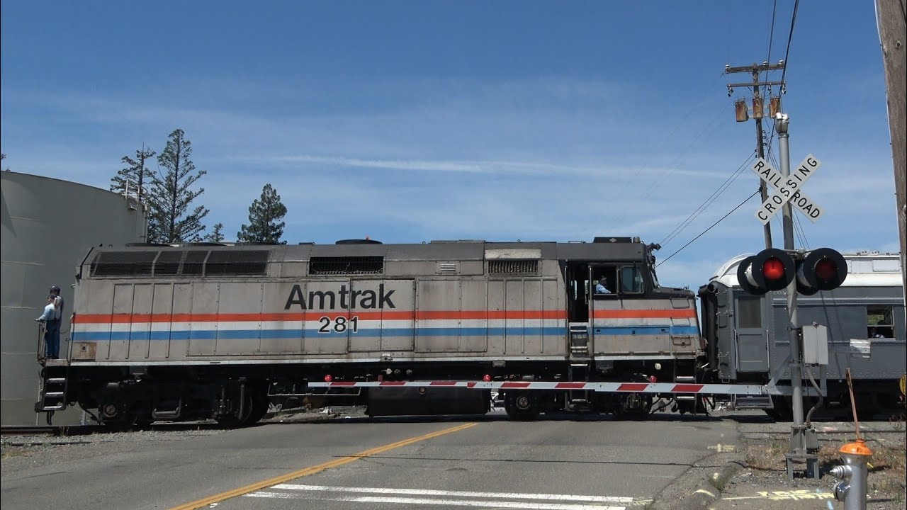Amtrak 281 Leads SSRR Excursion Train Through Broadway Railroad Crossing Sacramento CA (Miss Act)