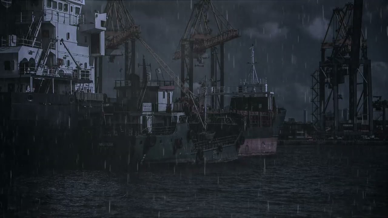 Rain on The Ships and Cranes at the Port — Calm Night Ambience | Relax • Study • Sleep