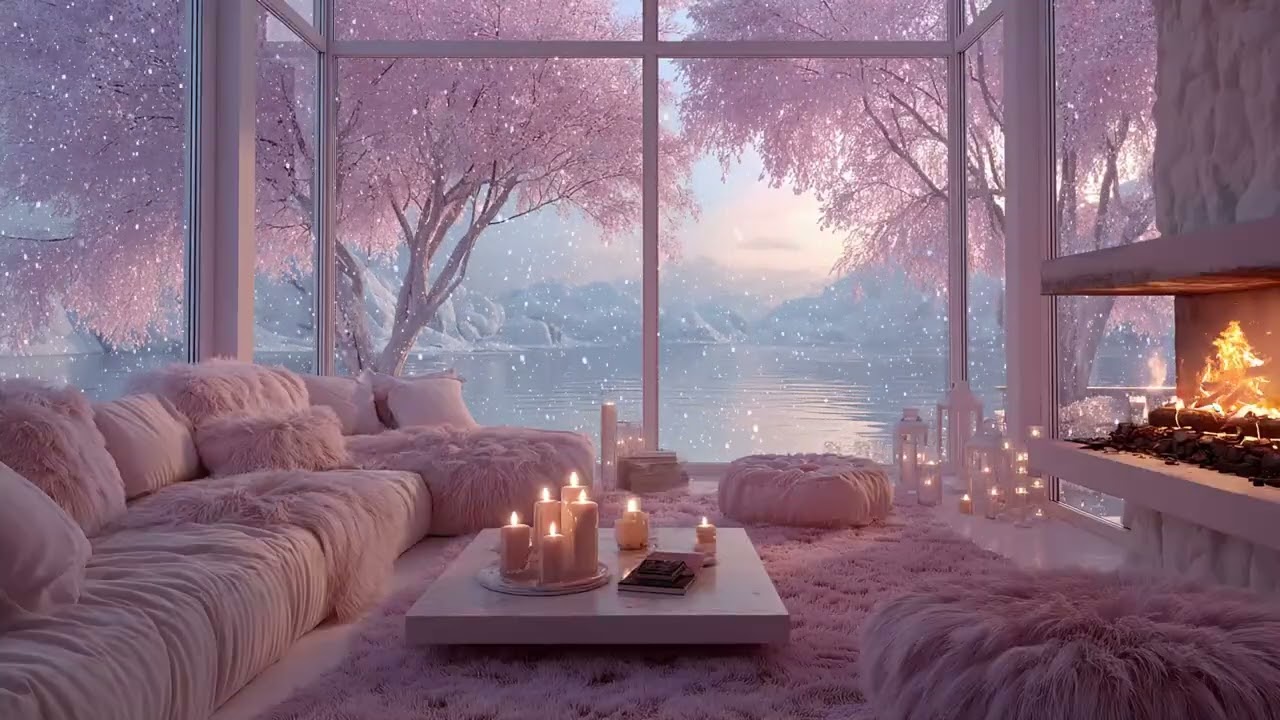 No Ads / 3 Hours ⏳ ASMR Dreamy Pink Winter Cabin ❄️ Soft Piano, Crackling Fireplace & Snowfall