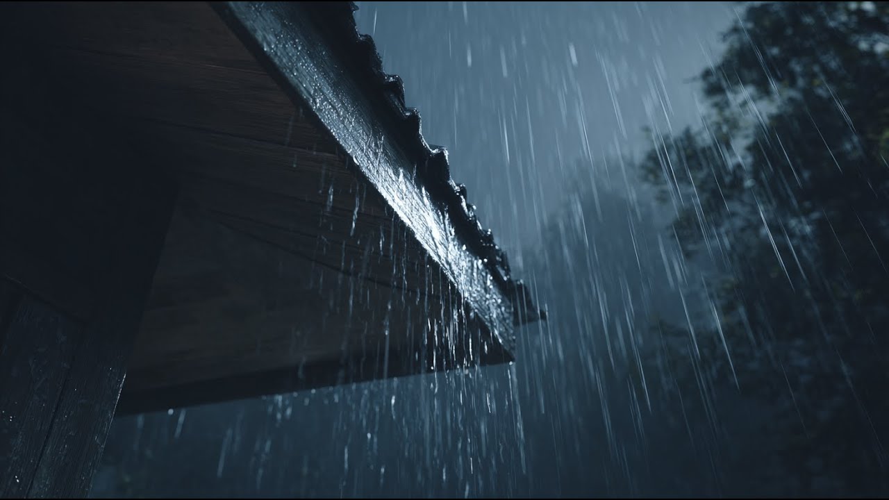 深夜大雨一直在下，屋檐下真实连续雨声，适合夜晚放松与睡眠